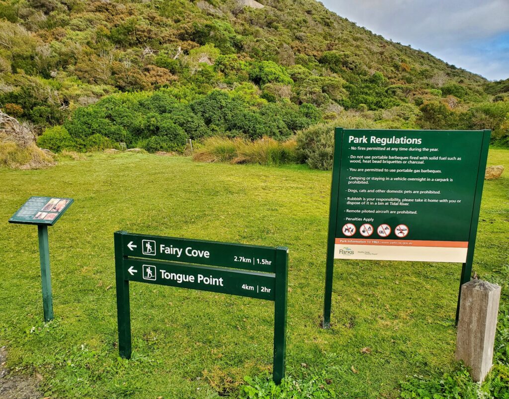 Signs to show the way from Darby River car park to the start of Tongue Point hike.